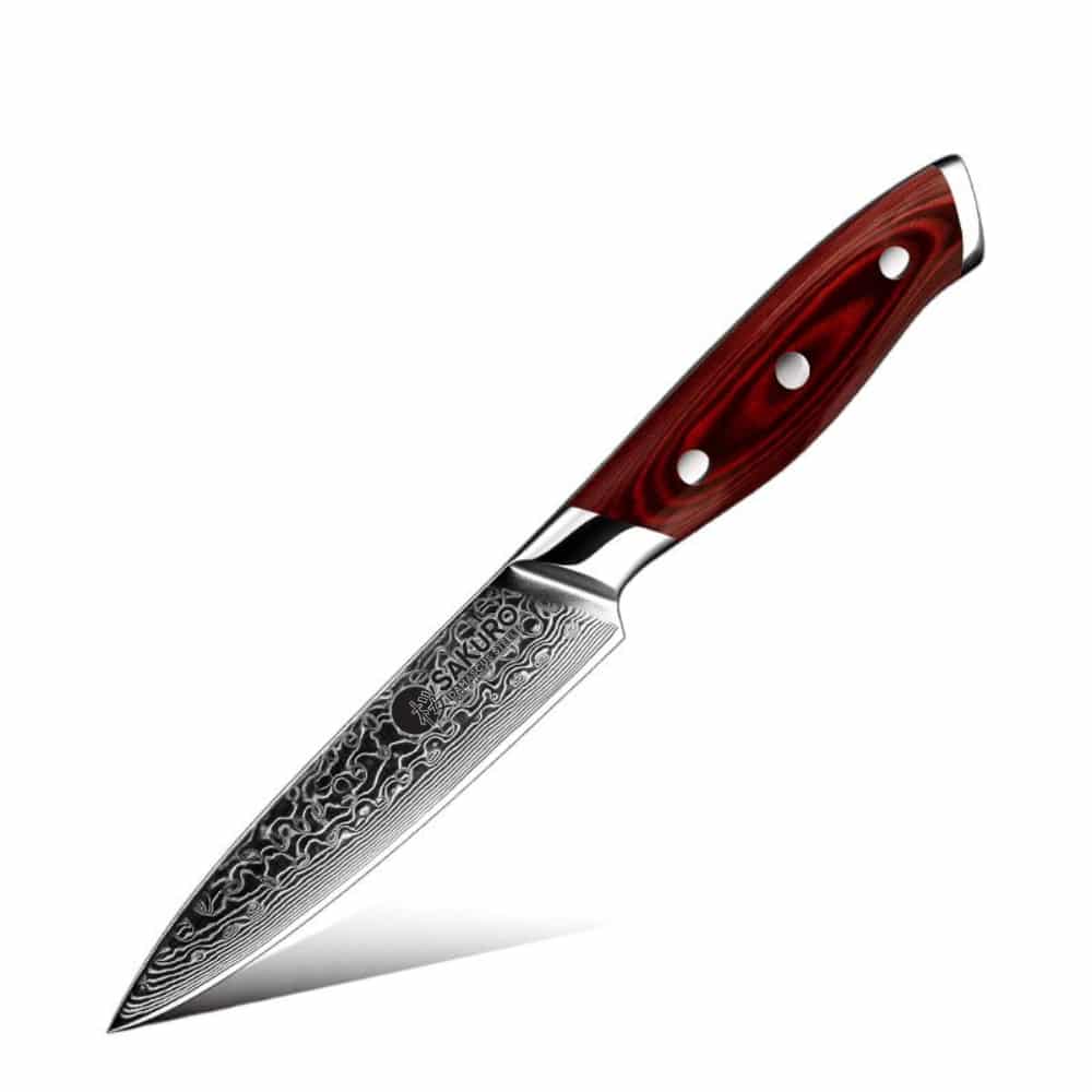 Víceúčelový kuchyňský nůž z damaškové oceli SaKuRo Red Pakka 12,7 cm