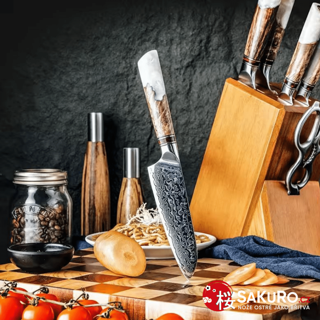 Santoku nůž z damaškové oceli SaKuRo White Resin 17,8 cm