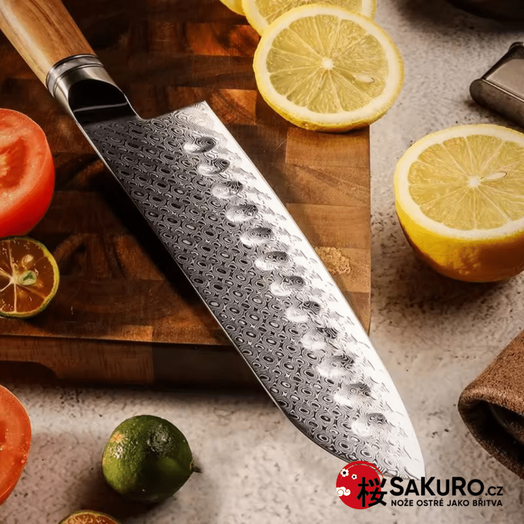 Santoku nůž z damaškové oceli SaKuRo Olive 17,8 cm