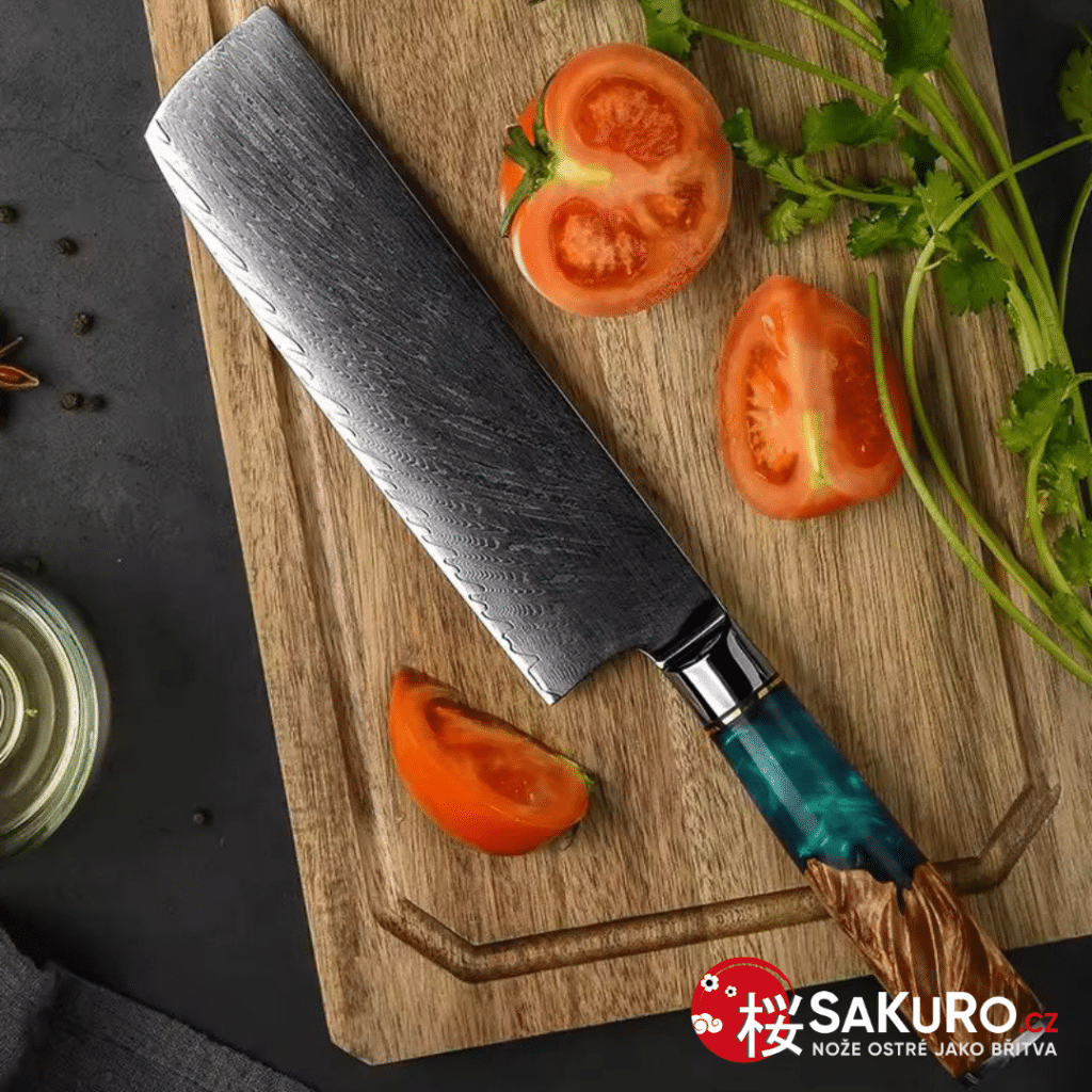 Nakiri nůž z damaškové oceli SaKuRo Round Blue 17 cm