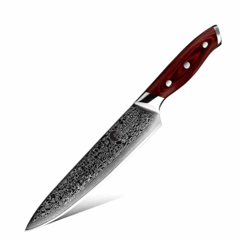 Japonský šéfkuchařský nůž z damaškové oceli SaKuRo Red Pakka 20,3 cm