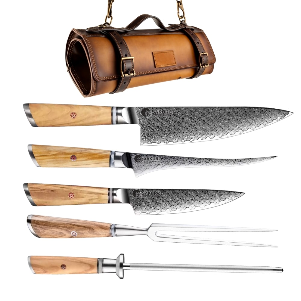 Sada kuchyňských nožů z damaškové oceli Grill set Olive SaKuRo