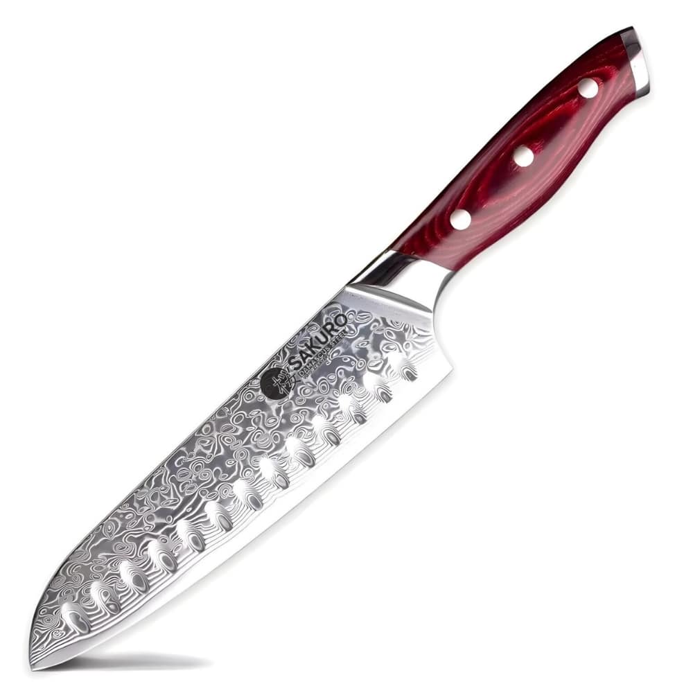 Santoku nůž z damaškové oceli SaKuRo Red Pakka 16,5 cm
